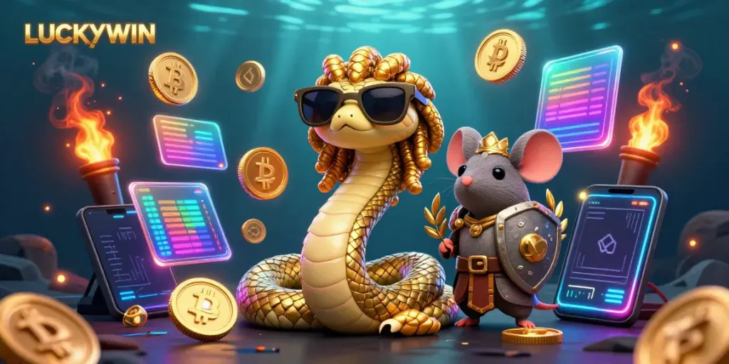 Experience LUCKYWIN with Medusa and a warrior mouse in an ultra-detailed casino scene filled with crypto elements.