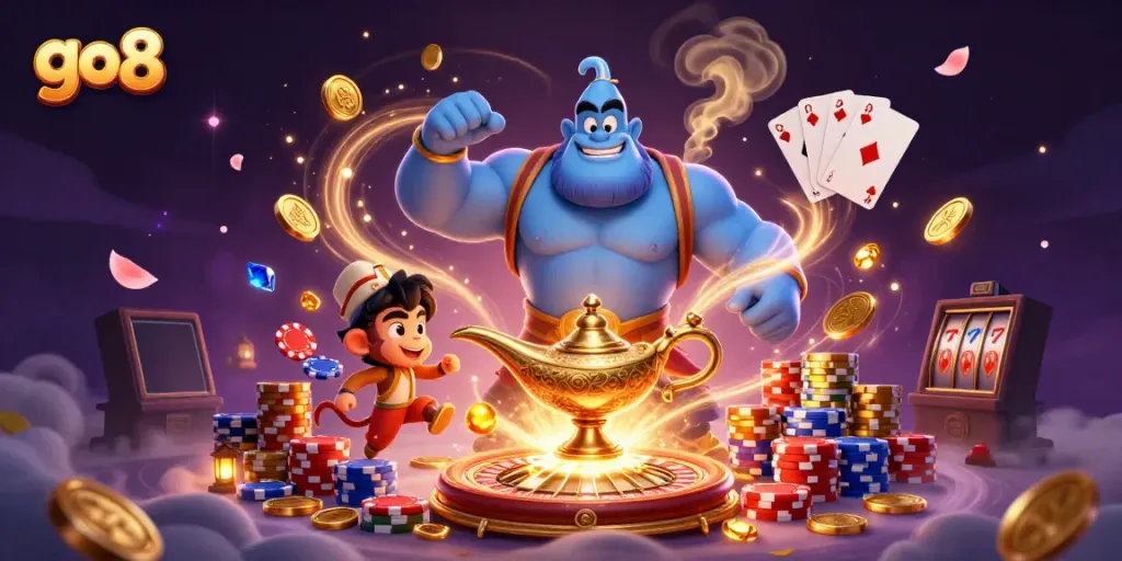 Experience the magic of go8 with a vibrant 3D casino scene featuring a genie, golden coins, and rich game elements.