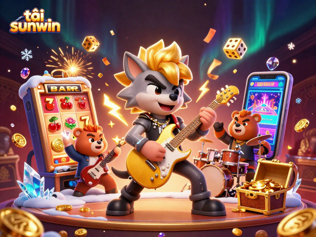 Engage with vibrant game action in tải sunwin, featuring a rock star wolf and a drummer bear in a casino setting.