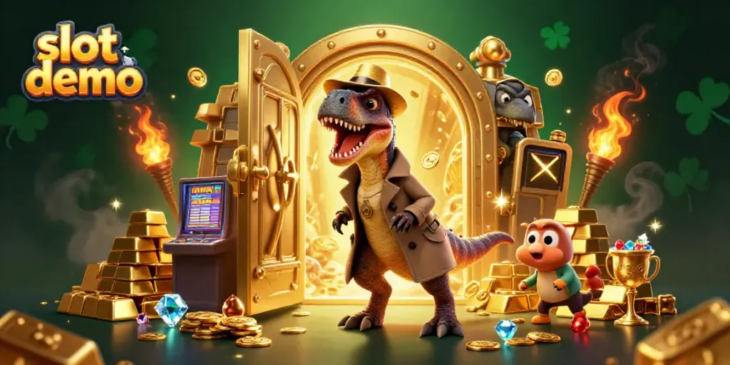 Gambar slot demo dengan velociraptor menyusup di mesin slot, dikelilingi harta karun dan efek cahaya.