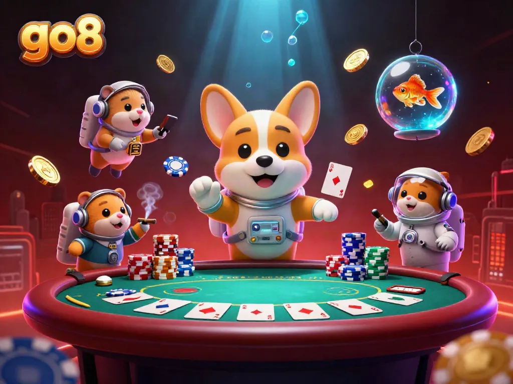 Go8 online casino scene featuring a floating corgi, chips, and coins in a rich, immersive space.