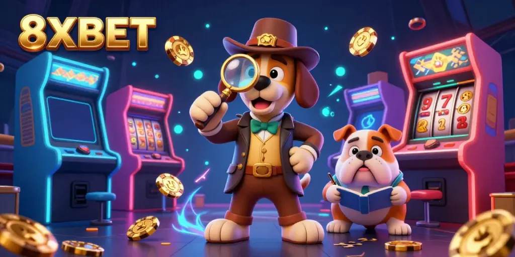 Engage with 8XBET through vibrant casino adventures featuring a detective and treasure clues.