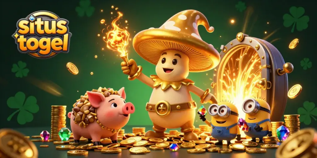 Gambar situs togel yang meriah dengan simbol keberuntungan dan karakter ajaib menyajikan keuntungan untuk para pemain.