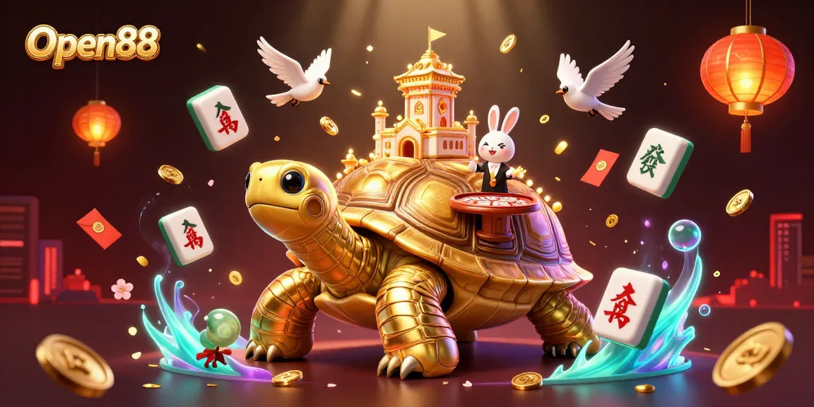 Engage with Open88, showcasing a vibrant casino scene with a tortoise palace, dealer, and gold elements.